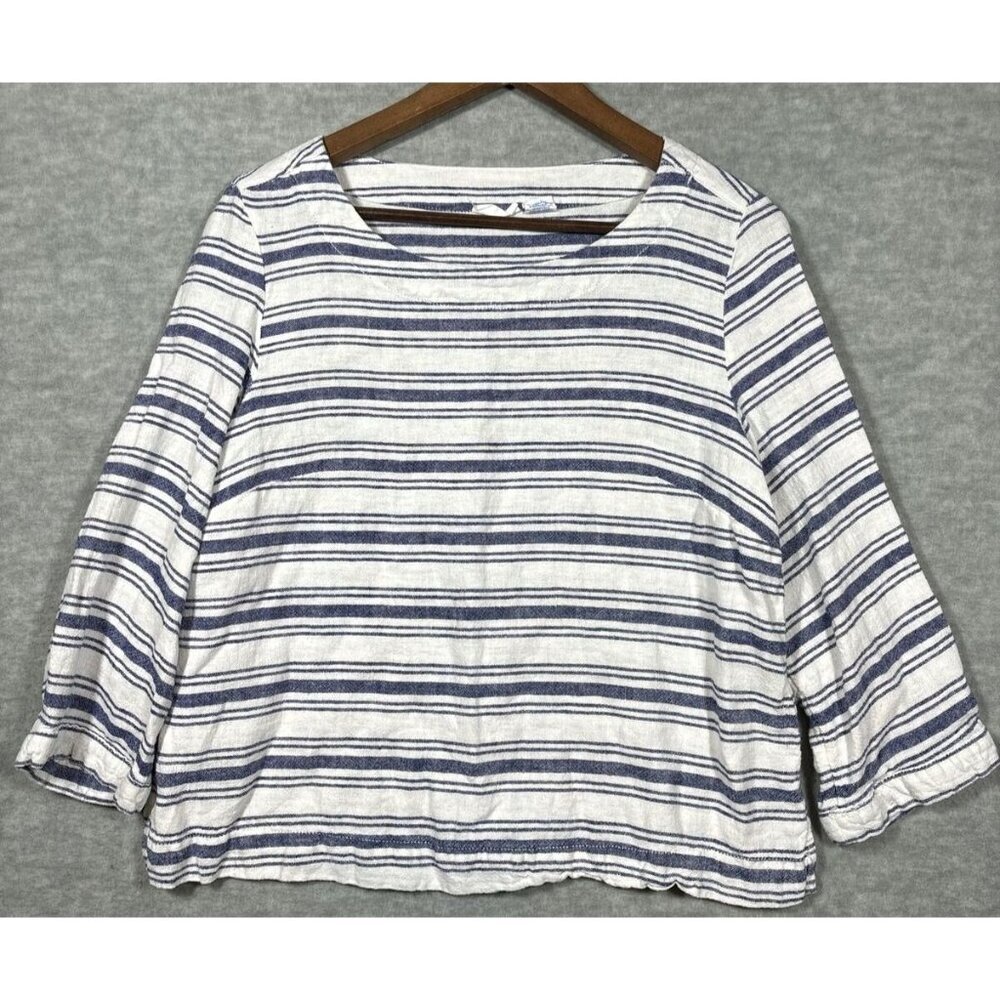 Sigrid Olsen Women’s Shirt Sz M Linen Rayon Blend Blue Stripe 3/4 Sleeve Beachy